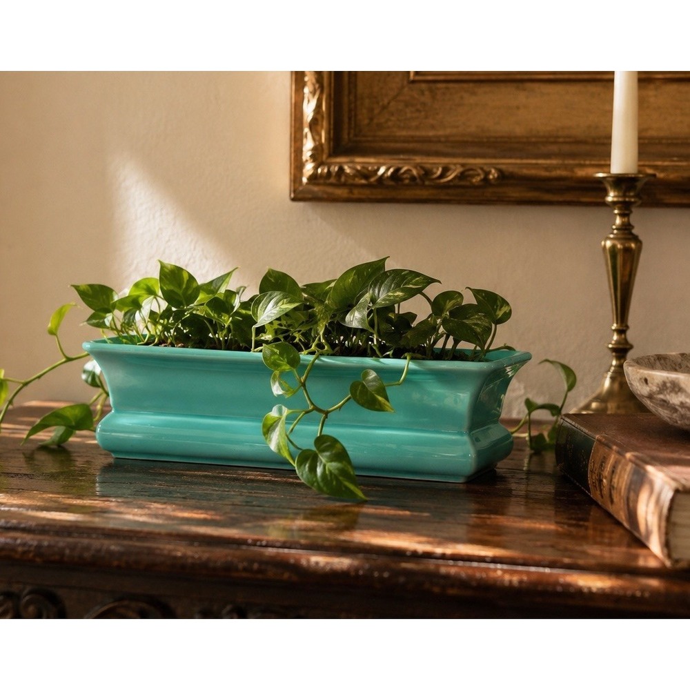 Vintage 1934-1950 Abingdon Pottery Turquoise Rectangle Planter Art Deco USA 10"